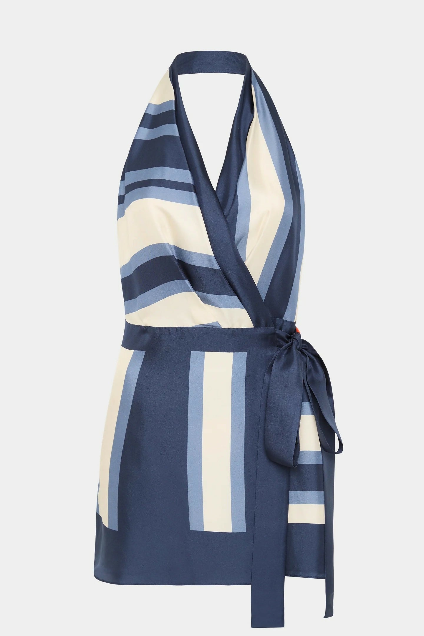 Silk Striped Wrap Halterneck Mini Dress Open Back