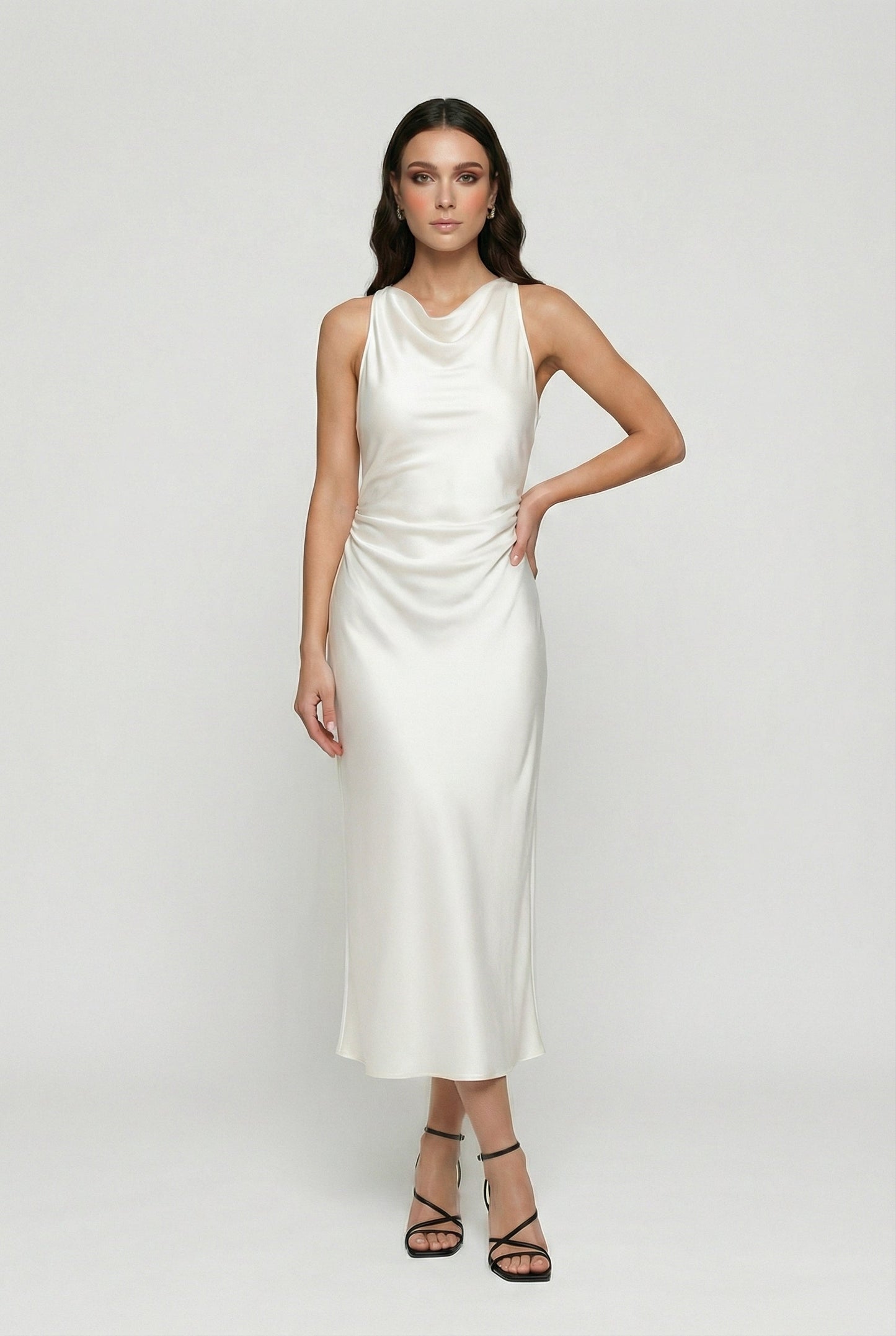 Sleeveless Cowl Neck Satin Slip Midi Dress