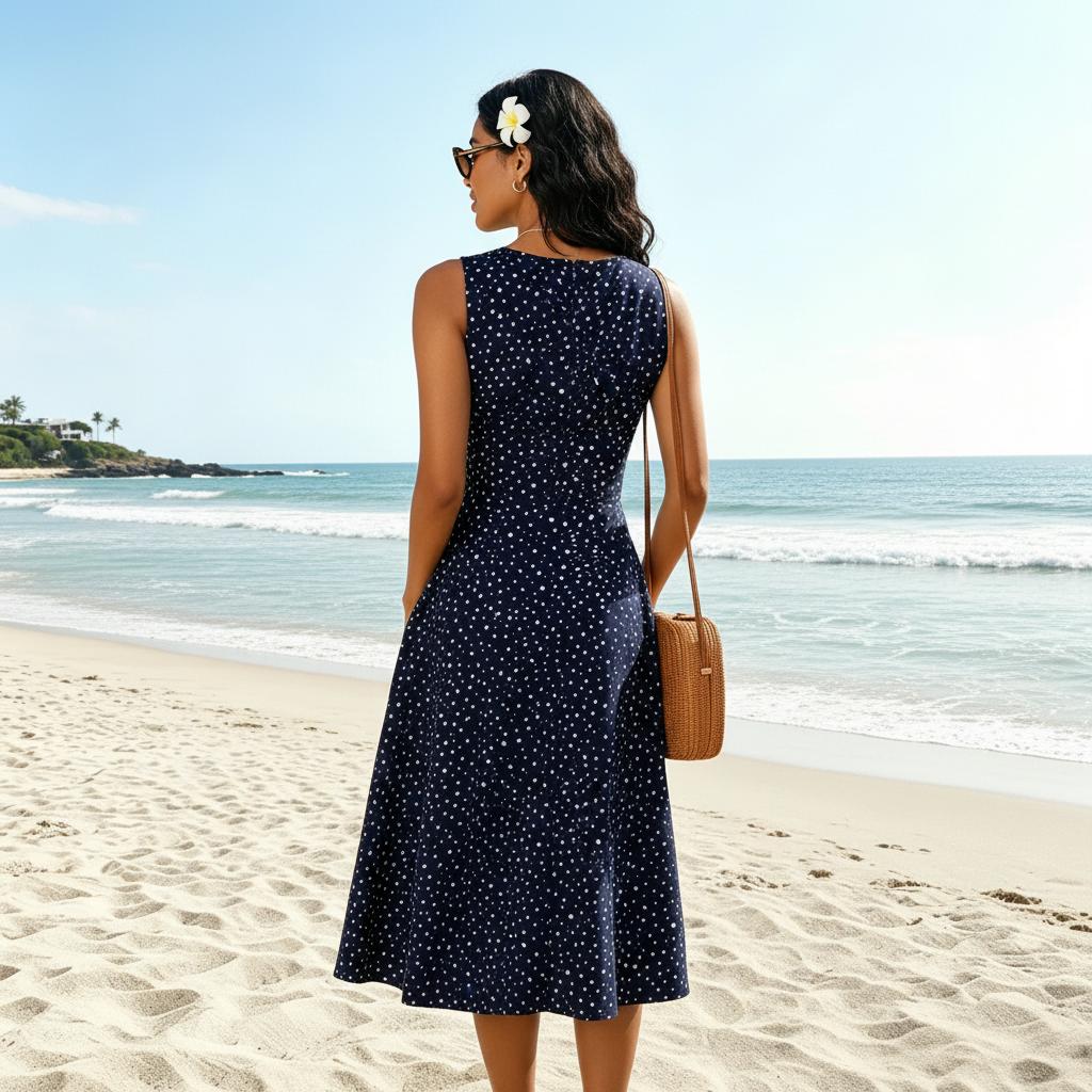 Sleeveless Polka Dot Flared Midi Dress for Women
