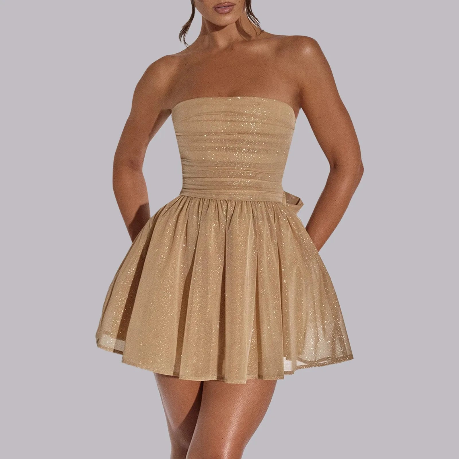 Sparkly Mini Dress – Elegant Strapless A-Line Cocktail Outfit