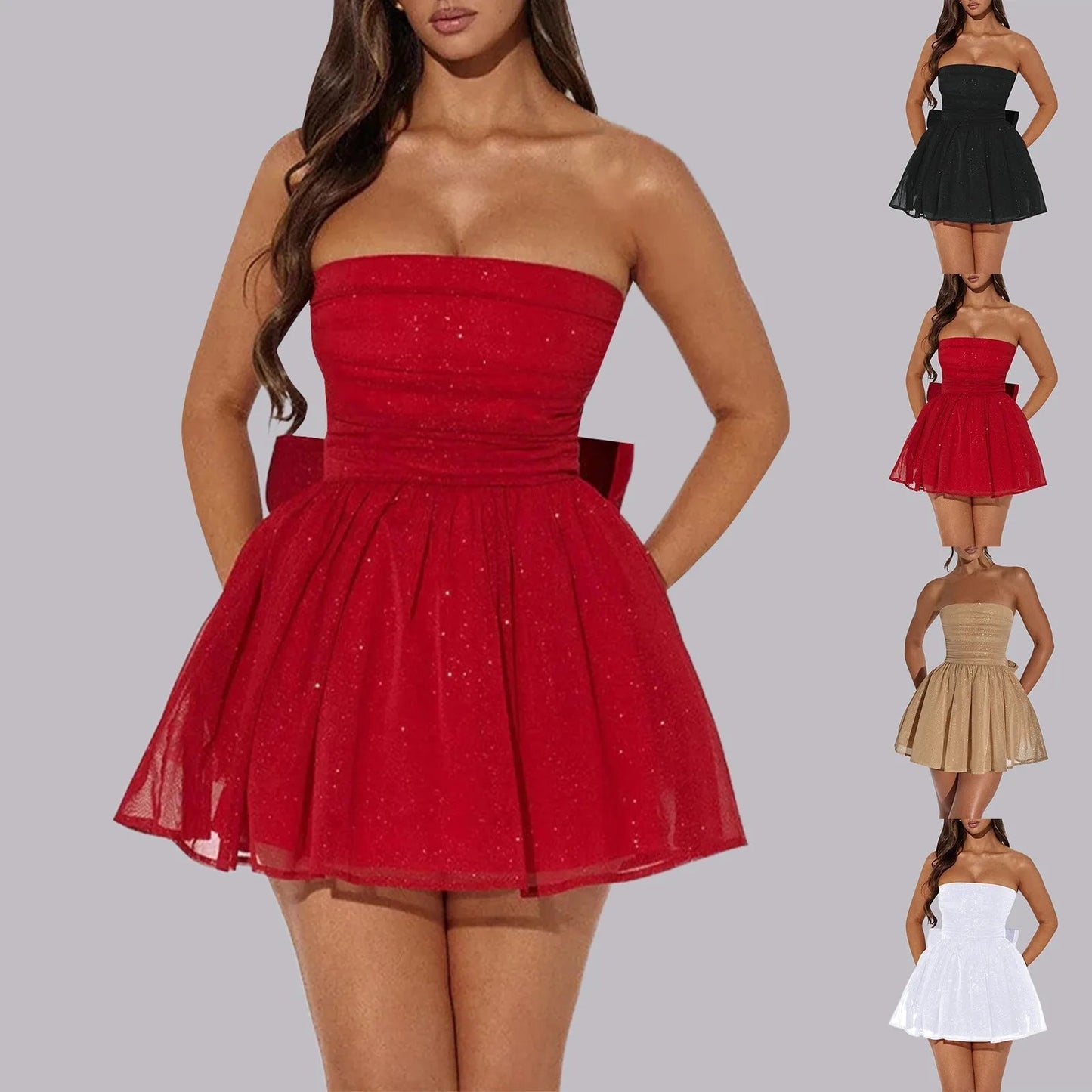 Sparkly Mini Dress – Elegant Strapless A-Line Cocktail Outfit