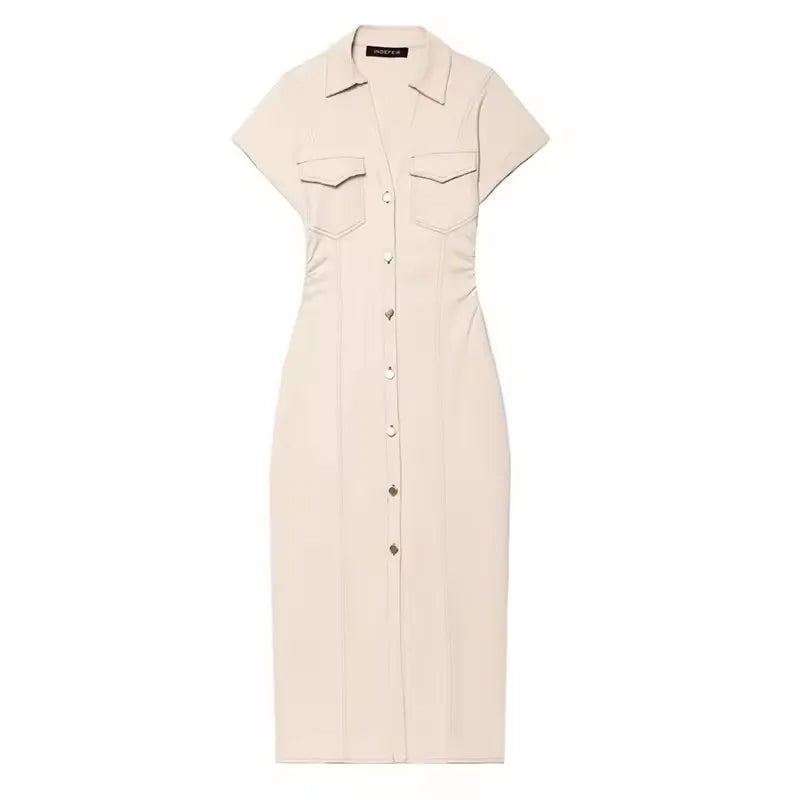 Spring Denim Dress – Casual Midi with Ruched Sleeves for Warm-Weather Outings
