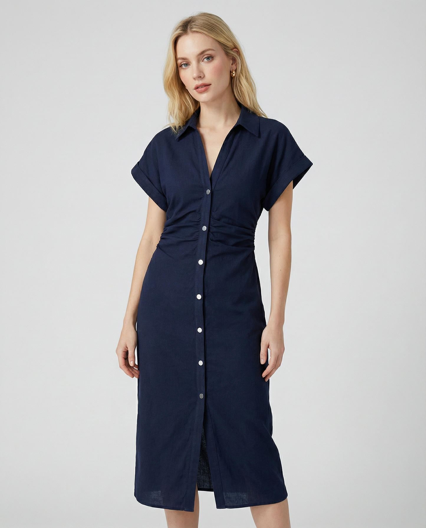 Spring Denim Dress – Casual Midi with Ruched Sleeves for Warm-Weather Outings