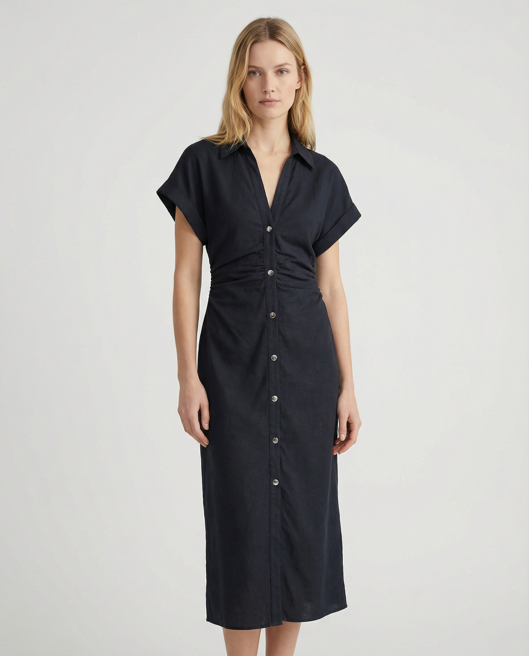 Spring Denim Dress – Casual Midi with Ruched Sleeves for Warm-Weather Outings