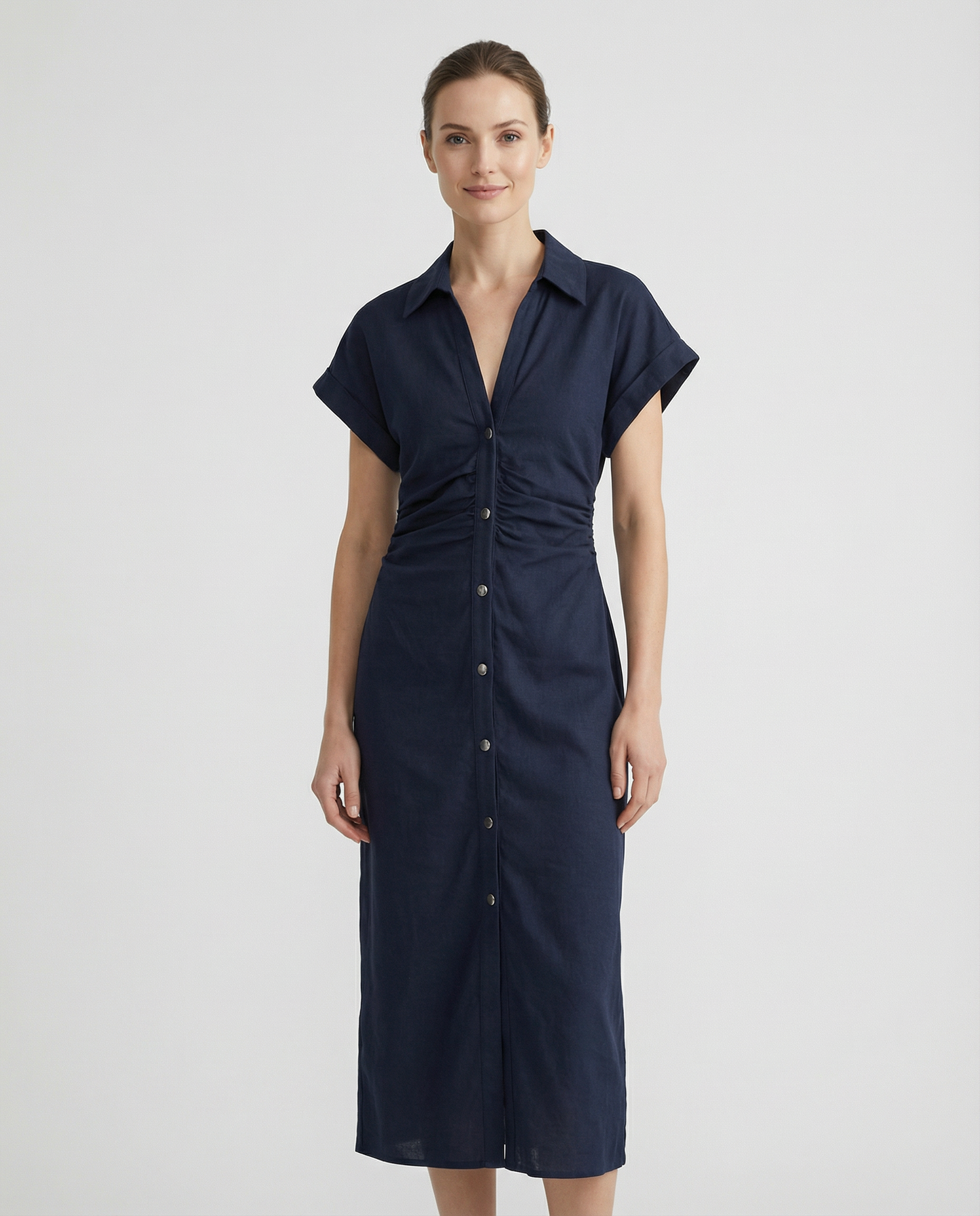 Spring Denim Dress – Casual Midi with Ruched Sleeves for Warm-Weather Outings