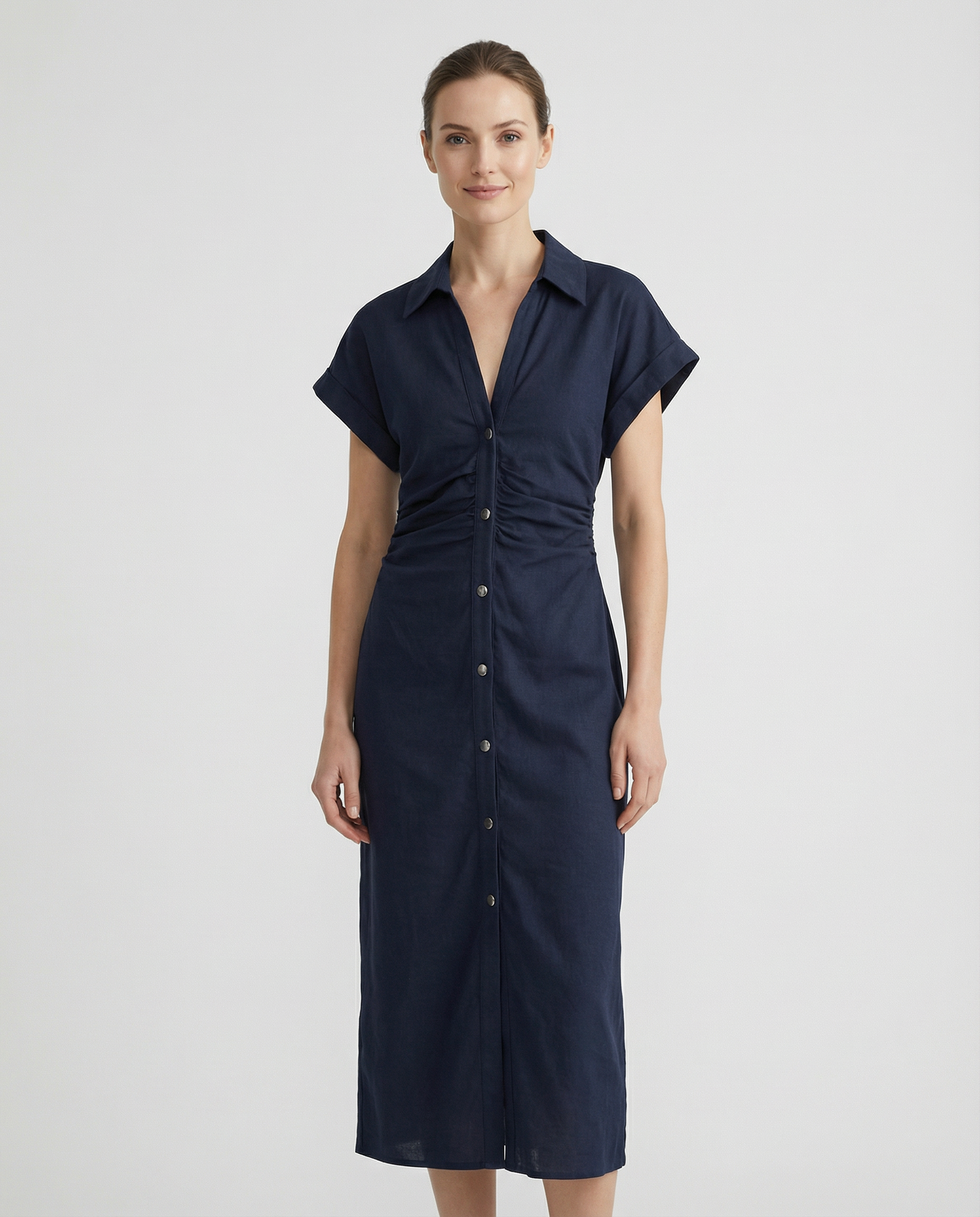 Spring Denim Dress – Casual Midi with Ruched Sleeves for Warm-Weather Outings
