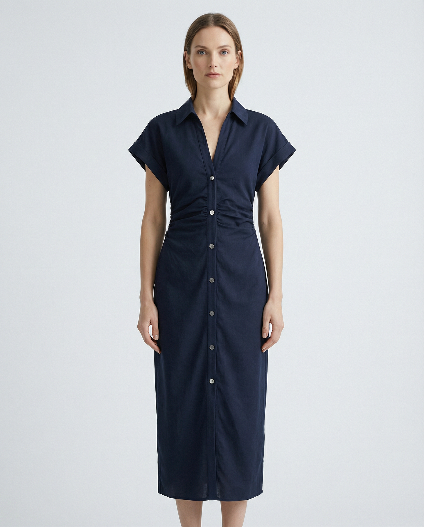 Spring Denim Dress – Casual Midi with Ruched Sleeves for Warm-Weather Outings