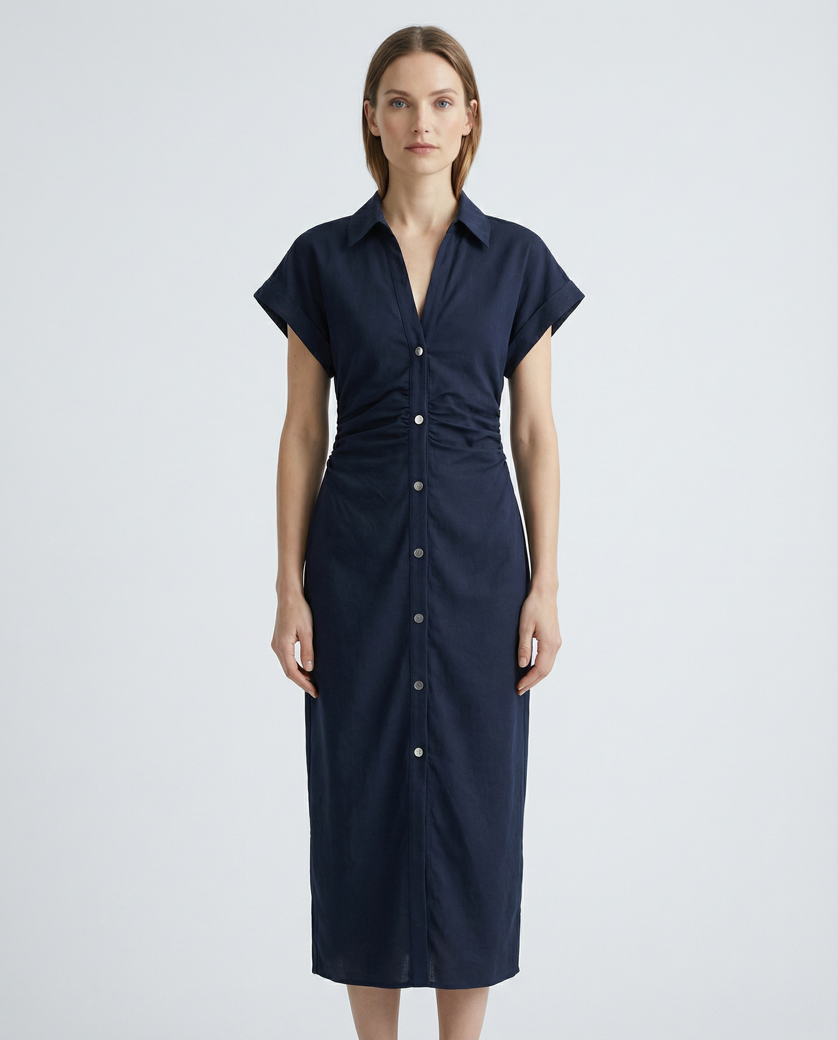 Spring Denim Dress – Casual Midi with Ruched Sleeves for Warm-Weather Outings