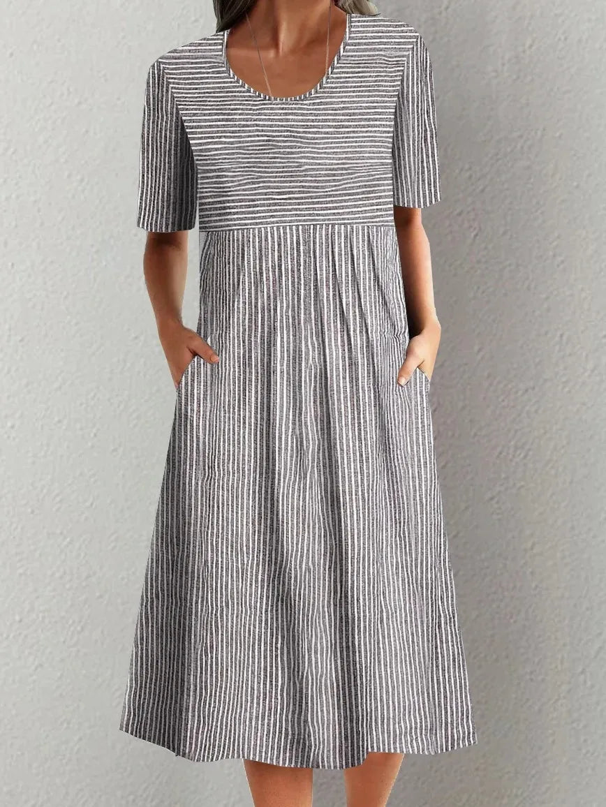 Summer Stripe Midi Dress – Casual O-Neck with Pockets for Effortless Warm Weather Style