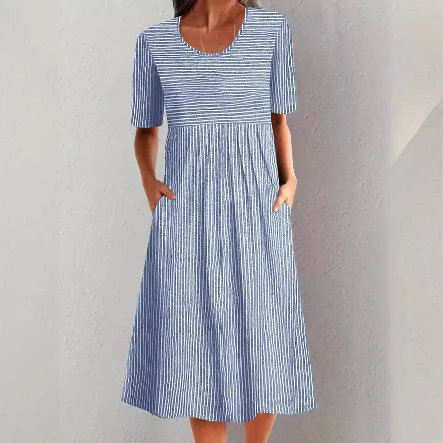 Summer Stripe Midi Dress – Casual O-Neck with Pockets for Effortless Warm Weather Style