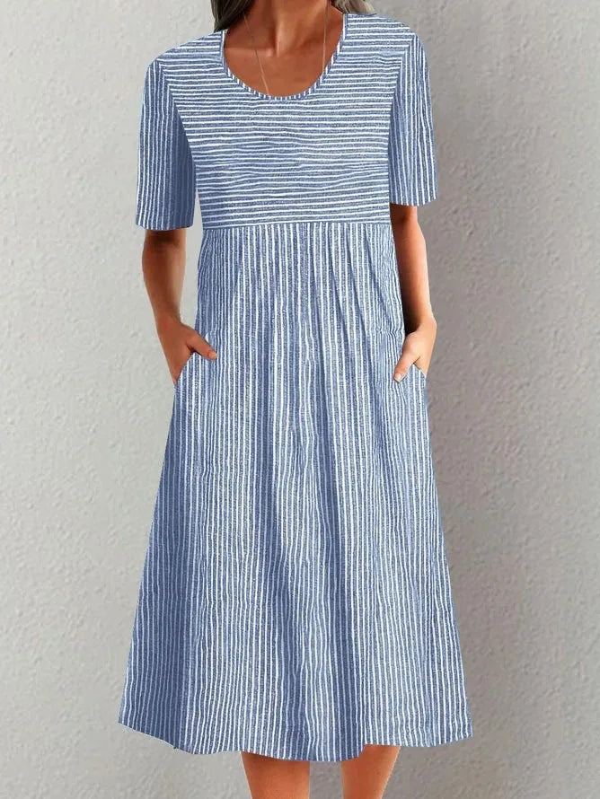 Summer Stripe Midi Dress – Casual O-Neck with Pockets for Effortless Warm Weather Style