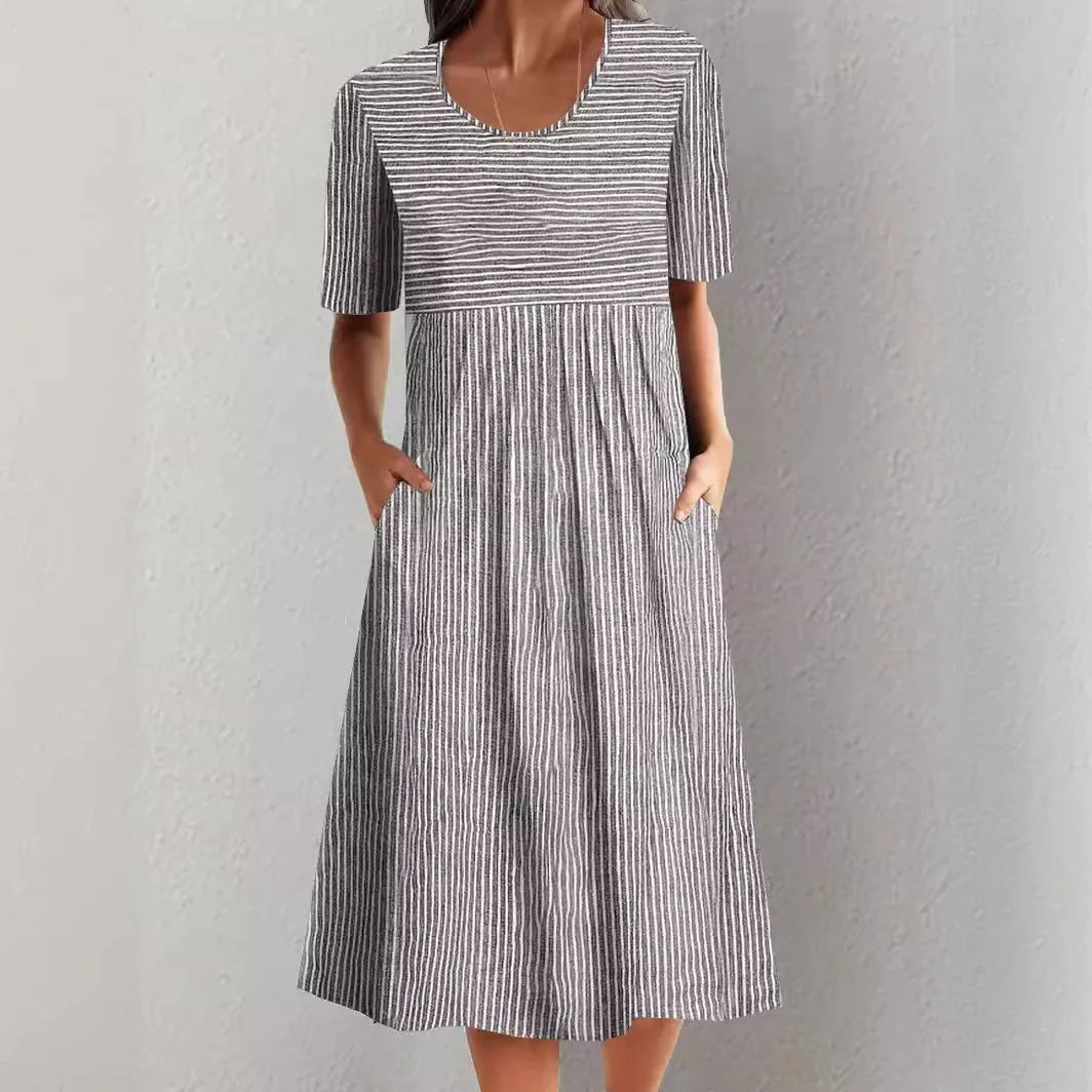 Summer Stripe Midi Dress – Casual O-Neck with Pockets for Effortless Warm Weather Style