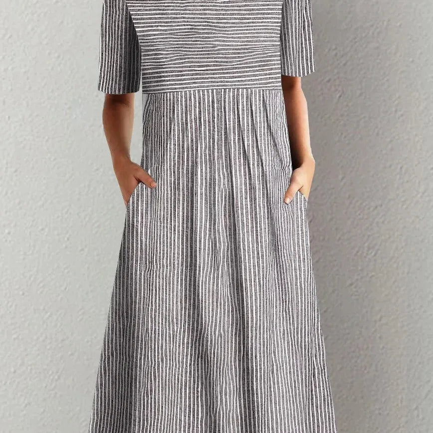 Summer Stripe Midi Dress – Casual O-Neck with Pockets for Effortless Warm Weather Style