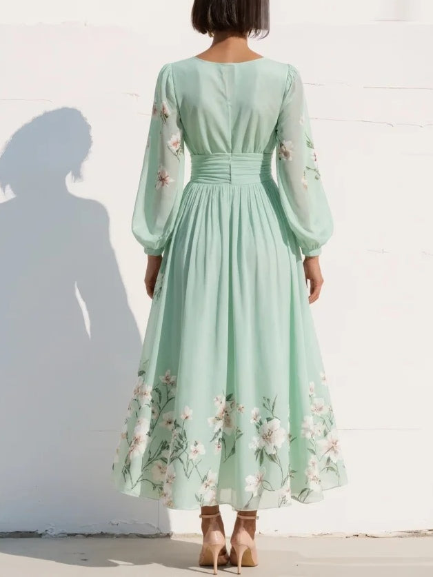 V-Neck Balloon Sleeve Floral Midi Dress for Women