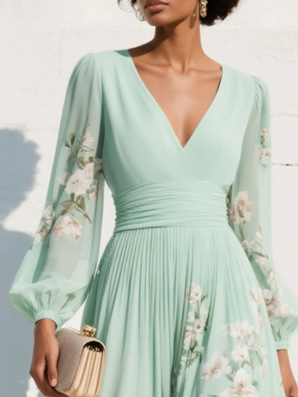 V-Neck Balloon Sleeve Floral Midi Dress for Women