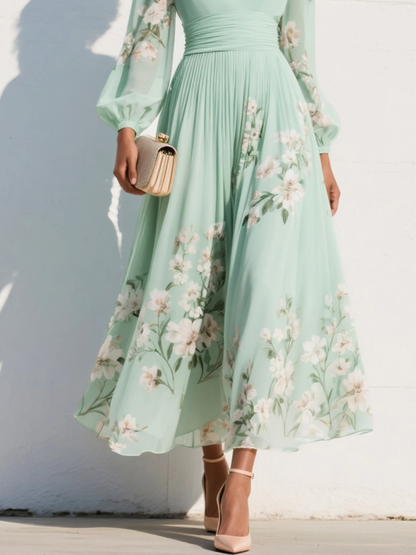 V-Neck Balloon Sleeve Floral Midi Dress for Women