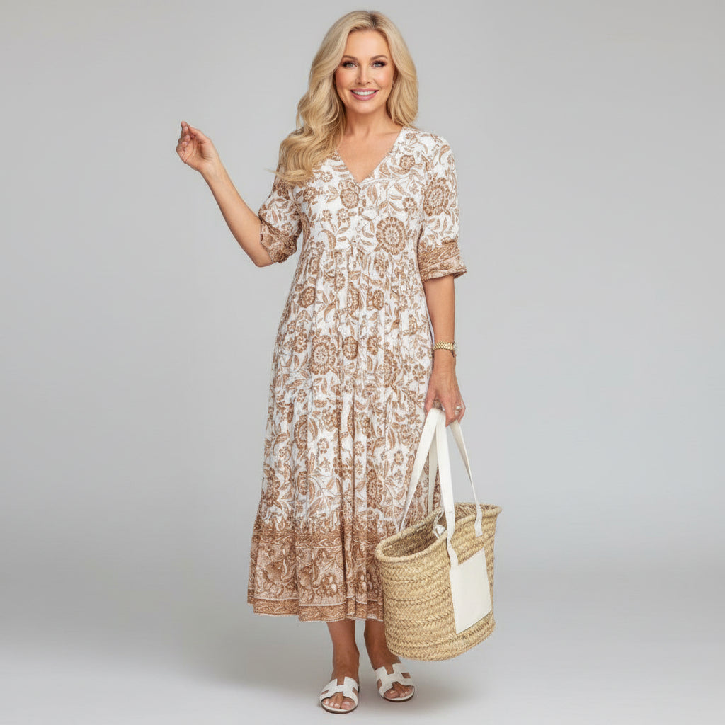 V-Neck Floral Print Tiered Midi Dress for Women