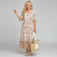V-Neck Floral Print Tiered Midi Dress for Women