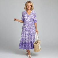 V-Neck Floral Print Tiered Midi Dress for Women