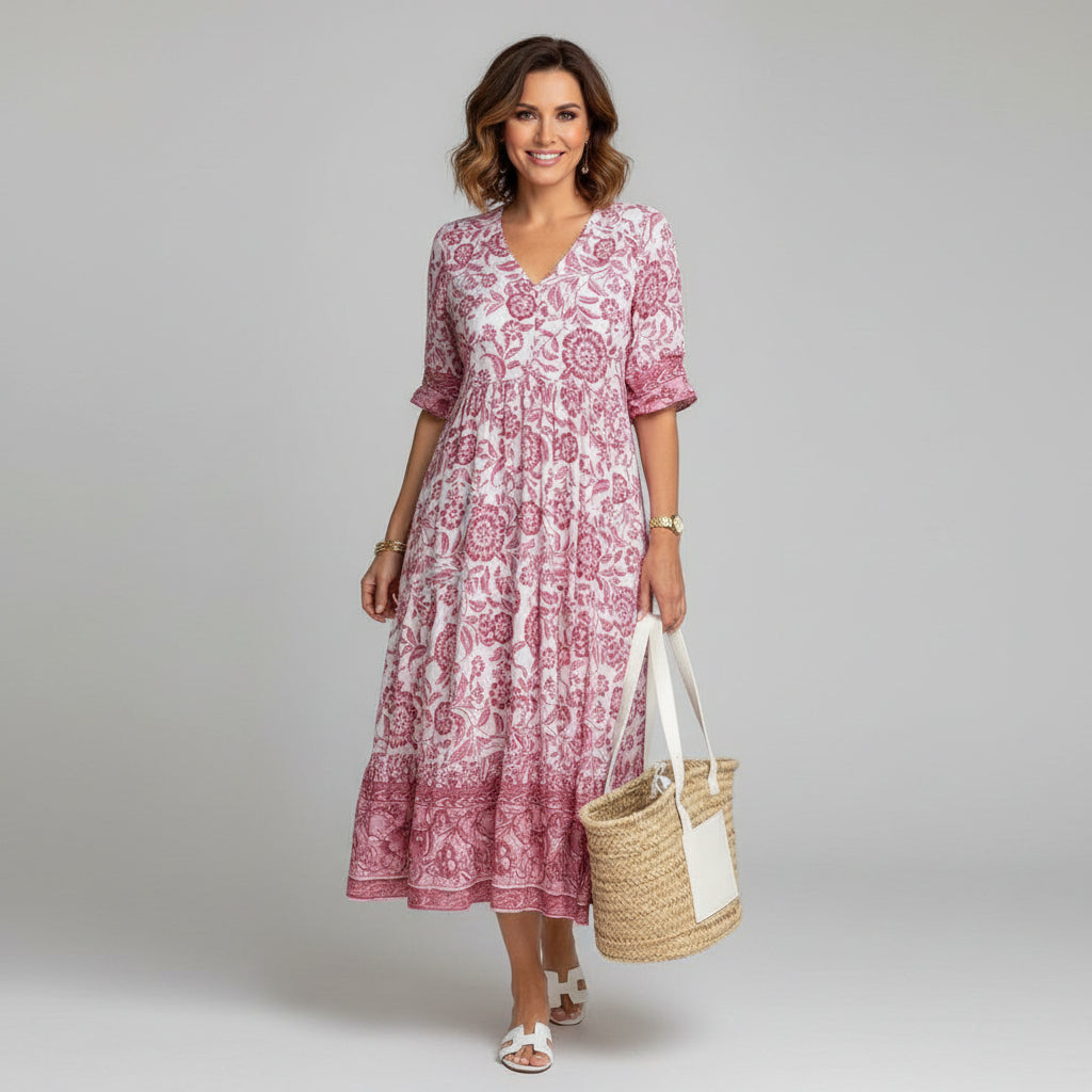 V-Neck Floral Print Tiered Midi Dress for Women