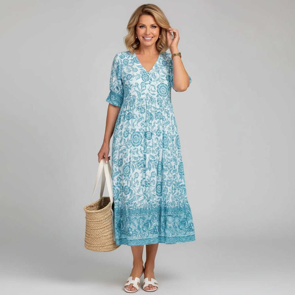 V-Neck Floral Print Tiered Midi Dress for Women