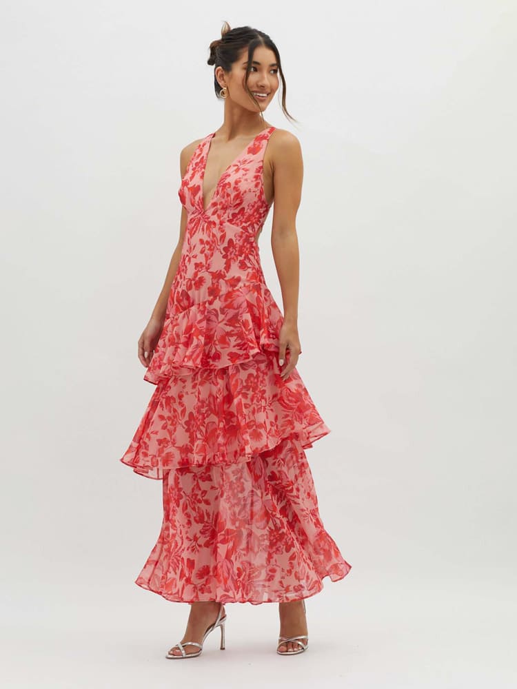 Veda Ruffle Summer Layered Floral Midi Dress