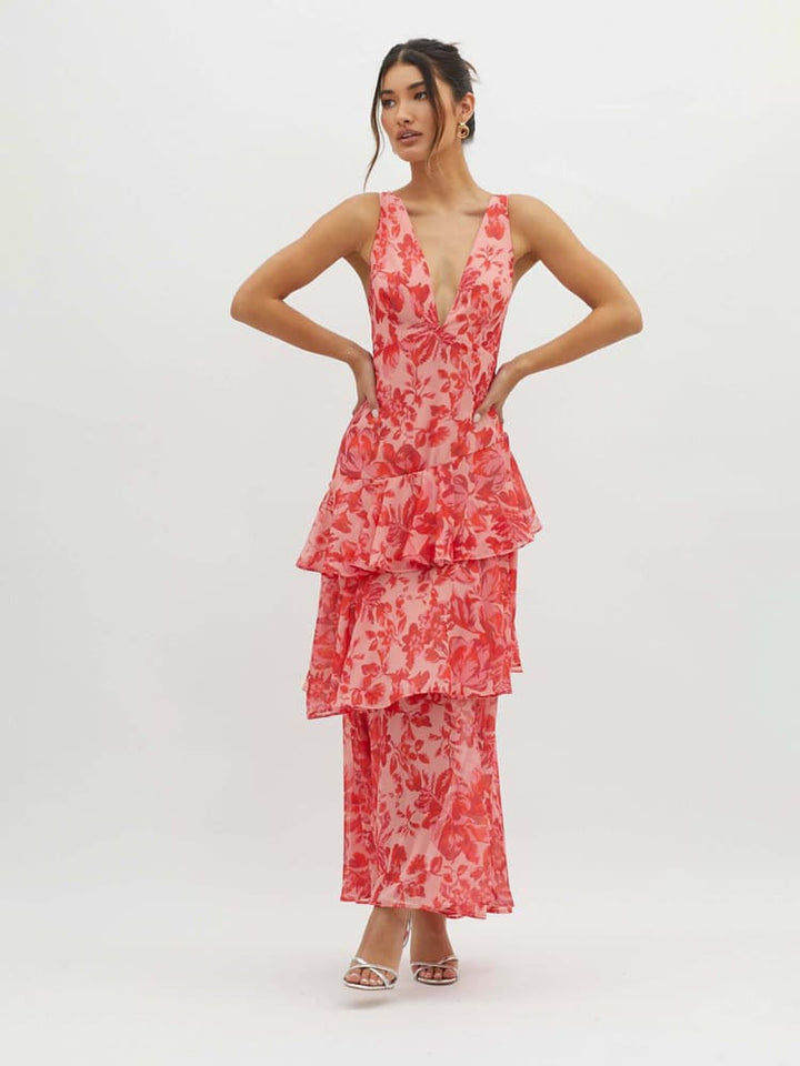 Veda Ruffle Summer Layered Floral Midi Dress
