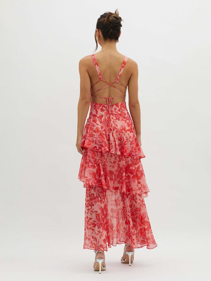 Veda Ruffle Summer Layered Floral Midi Dress