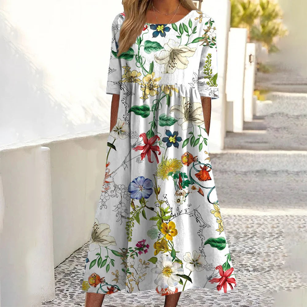 Vibrant Printed Summer Dress – Casual Mid-Calf A-Line for Everyday Elegance