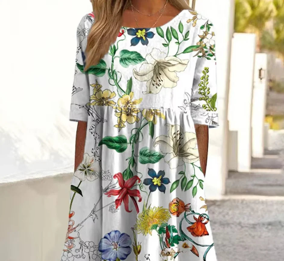 Vibrant Printed Summer Dress – Casual Mid-Calf A-Line for Everyday Elegance
