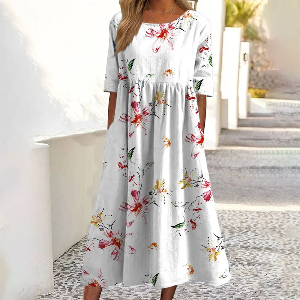 Vibrant Printed Summer Dress – Casual Mid-Calf A-Line for Everyday Elegance