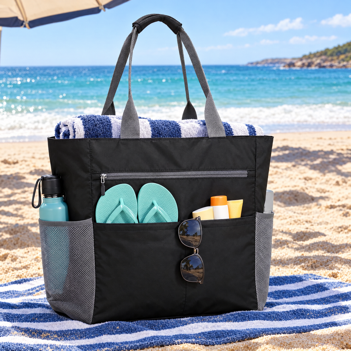 Waterproof Beach Tote Bag with 13 Pockets, Foldable 3