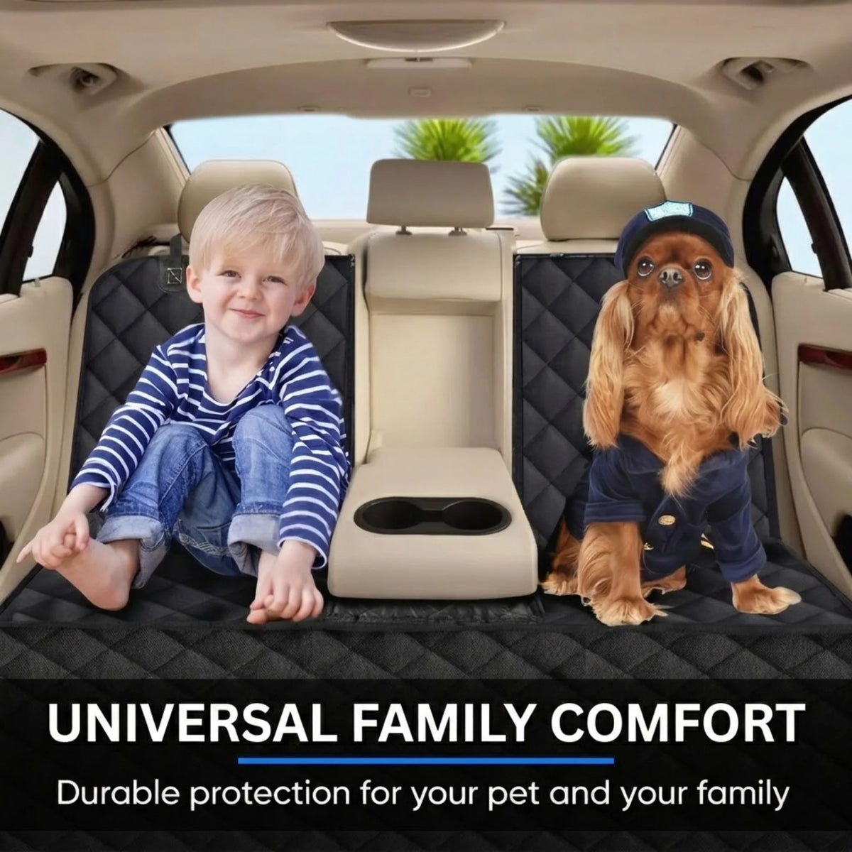 Waterproof non-slip dog seat cover featuring seat belt slots, designed to protect car upholstery while ensuring pet safety during travel. 2
