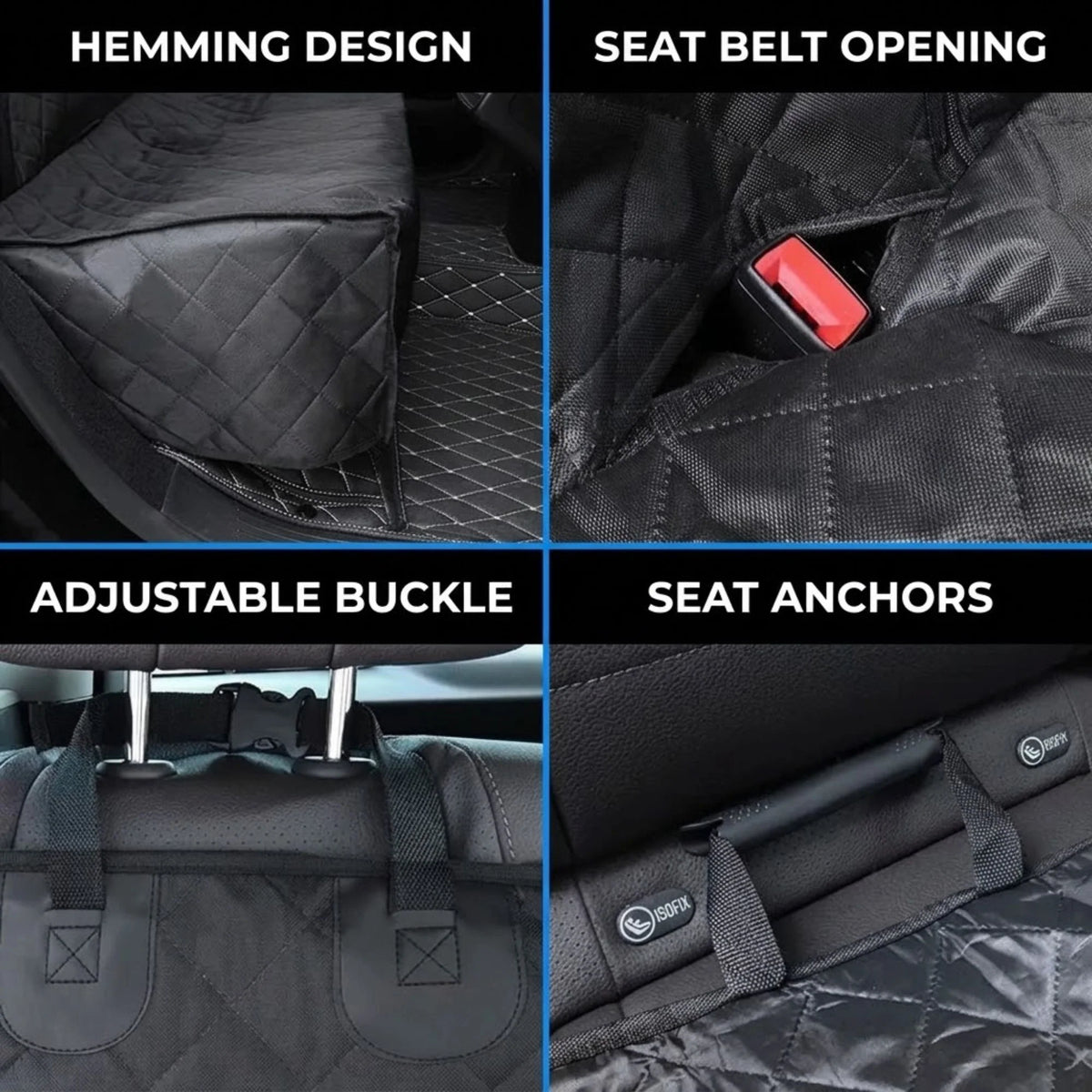 Waterproof non-slip dog seat cover featuring seat belt slots, designed to protect car upholstery while ensuring pet safety during travel. 3