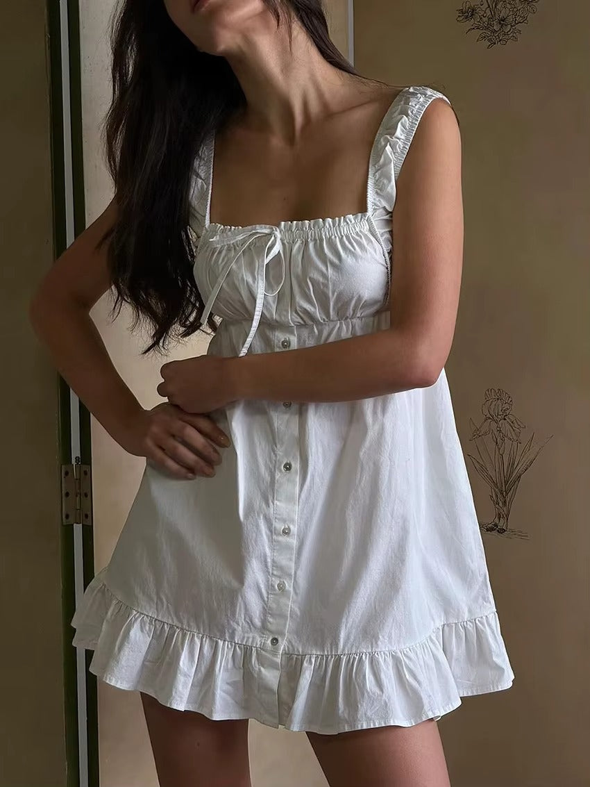 White Linen Button Front Mini Dress For Summer