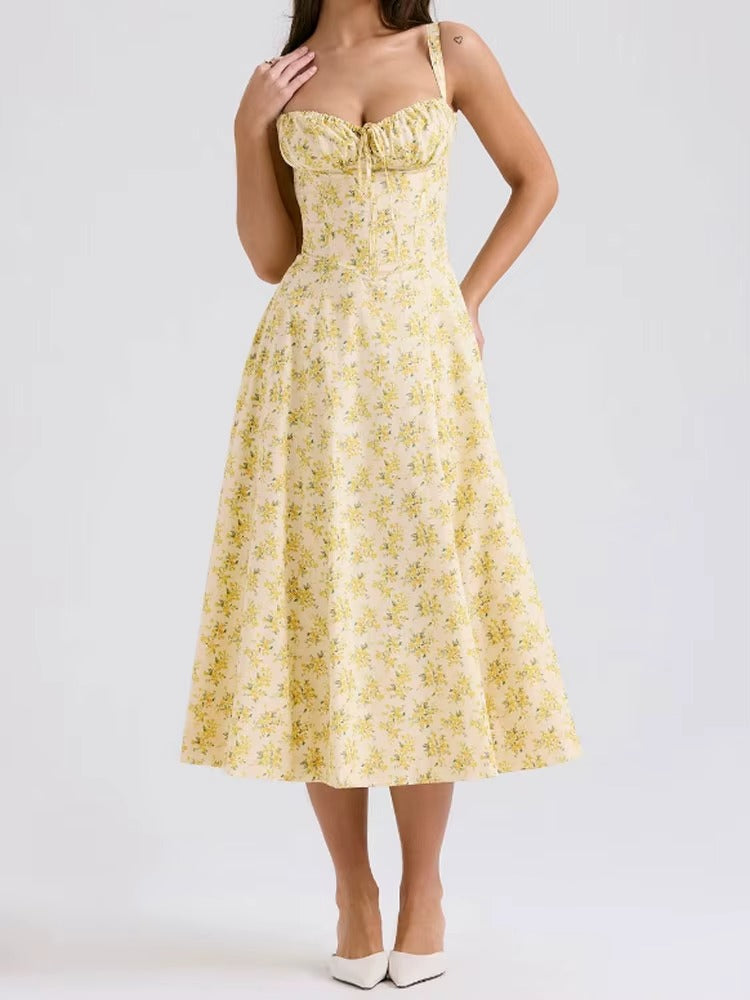 Yellow Floral Midi Length Dress Formal Summer