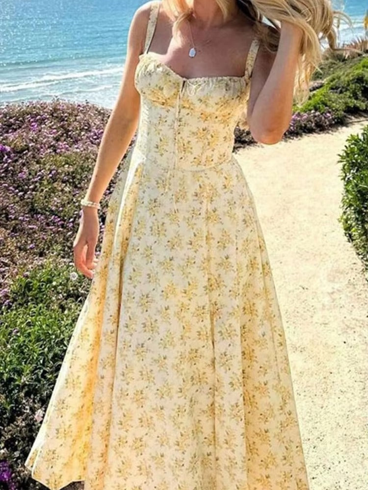 Yellow Floral Midi Length Dress Formal Summer