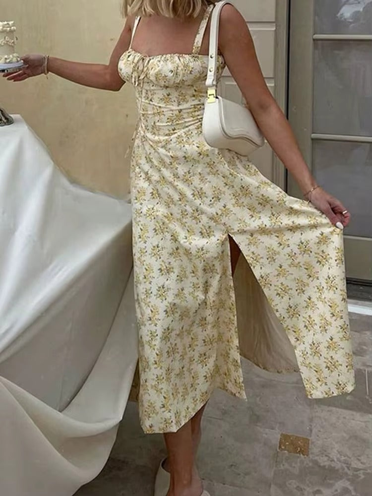 Yellow Floral Midi Length Dress Formal Summer