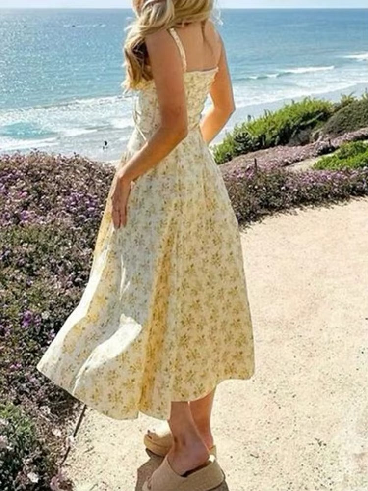 Yellow Floral Midi Length Dress Formal Summer