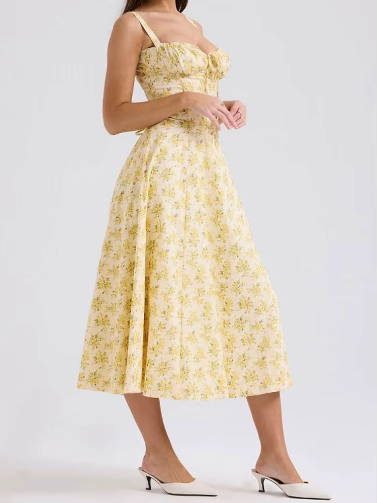 Yellow Floral Midi Length Dress Formal Summer