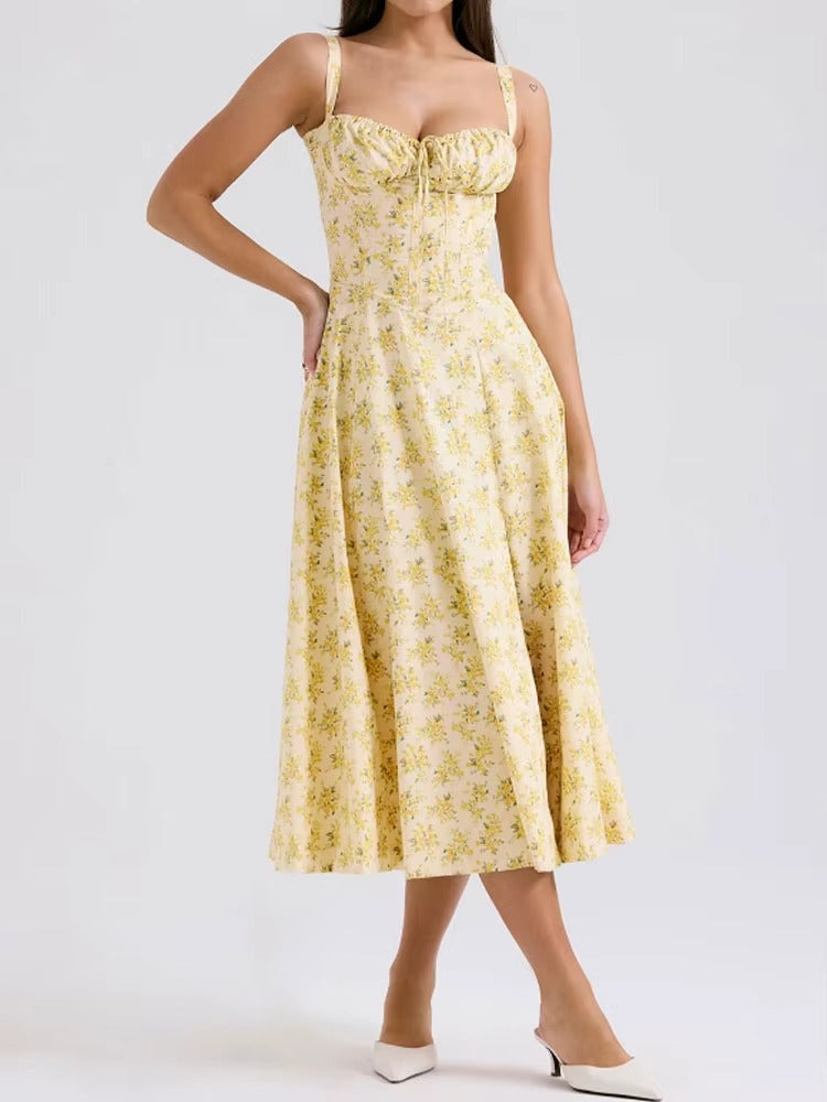 Yellow Floral Midi Length Dress Formal Summer