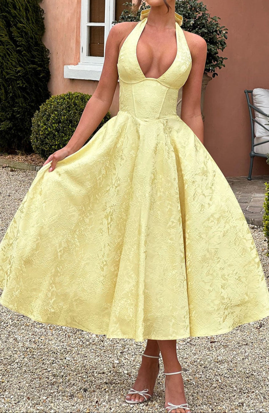Yellow Triana Halter Midi Dress Floral Jacquard