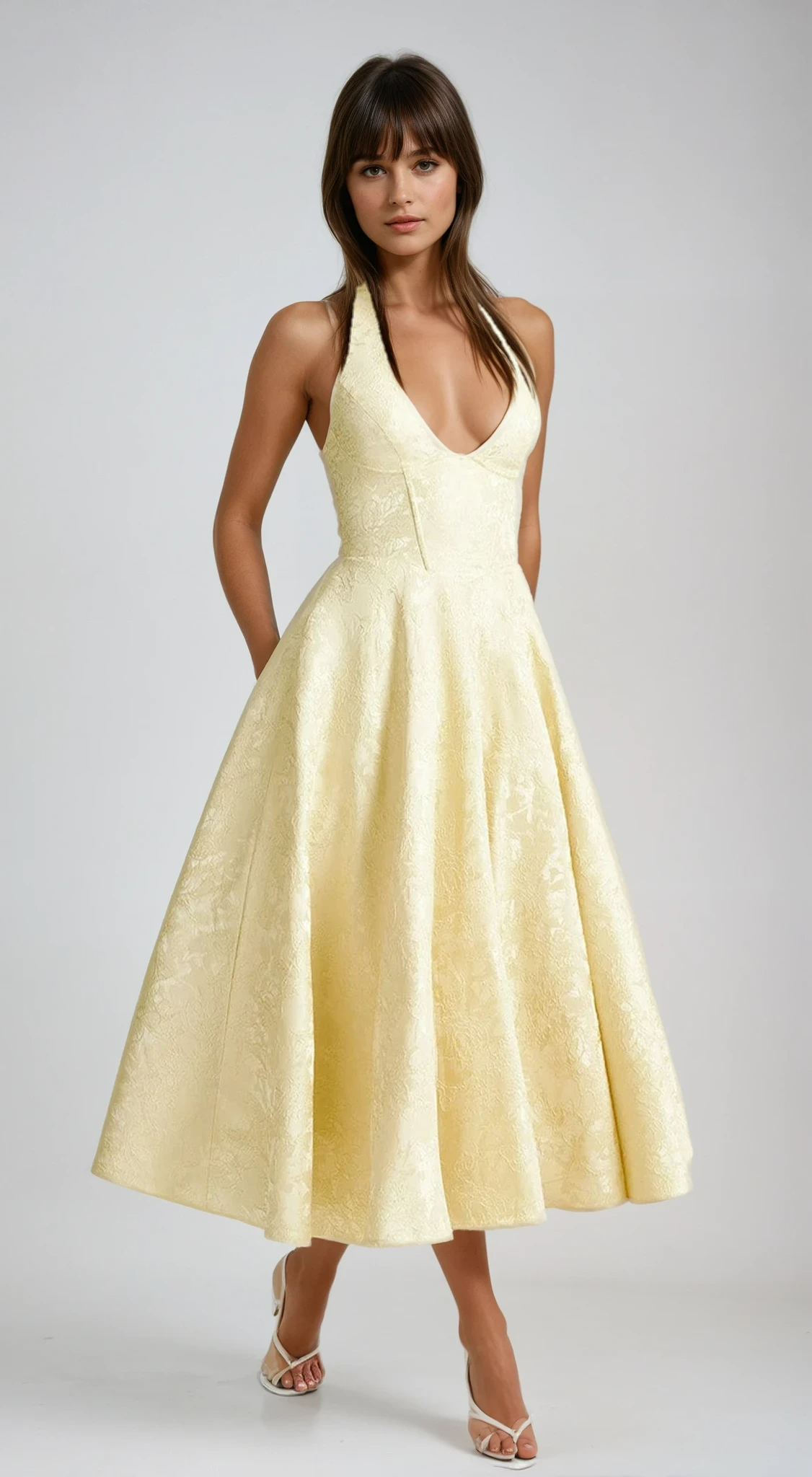 Yellow Triana Halter Midi Dress Floral Jacquard