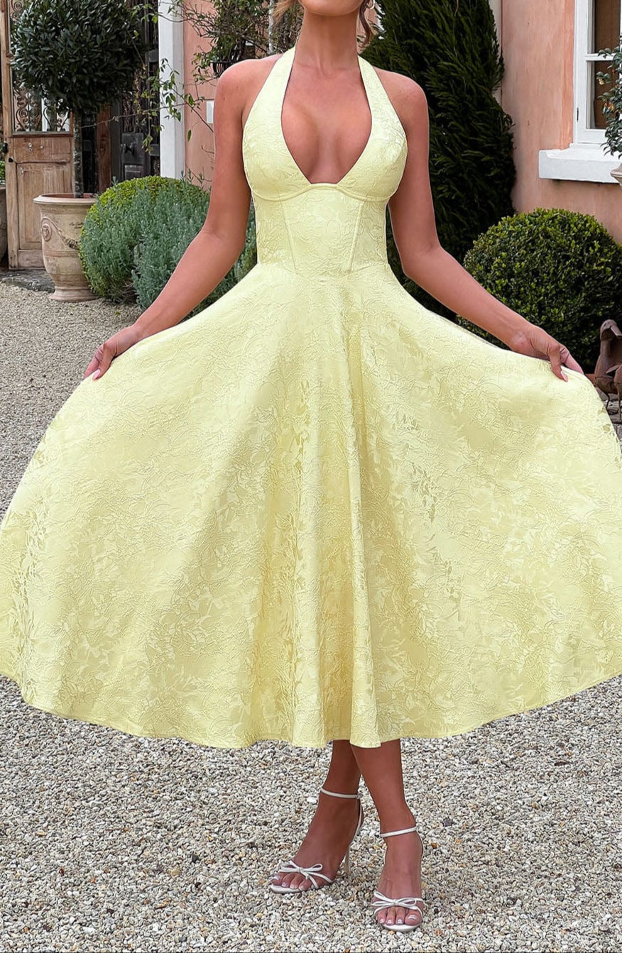 Yellow Triana Halter Midi Dress Floral Jacquard
