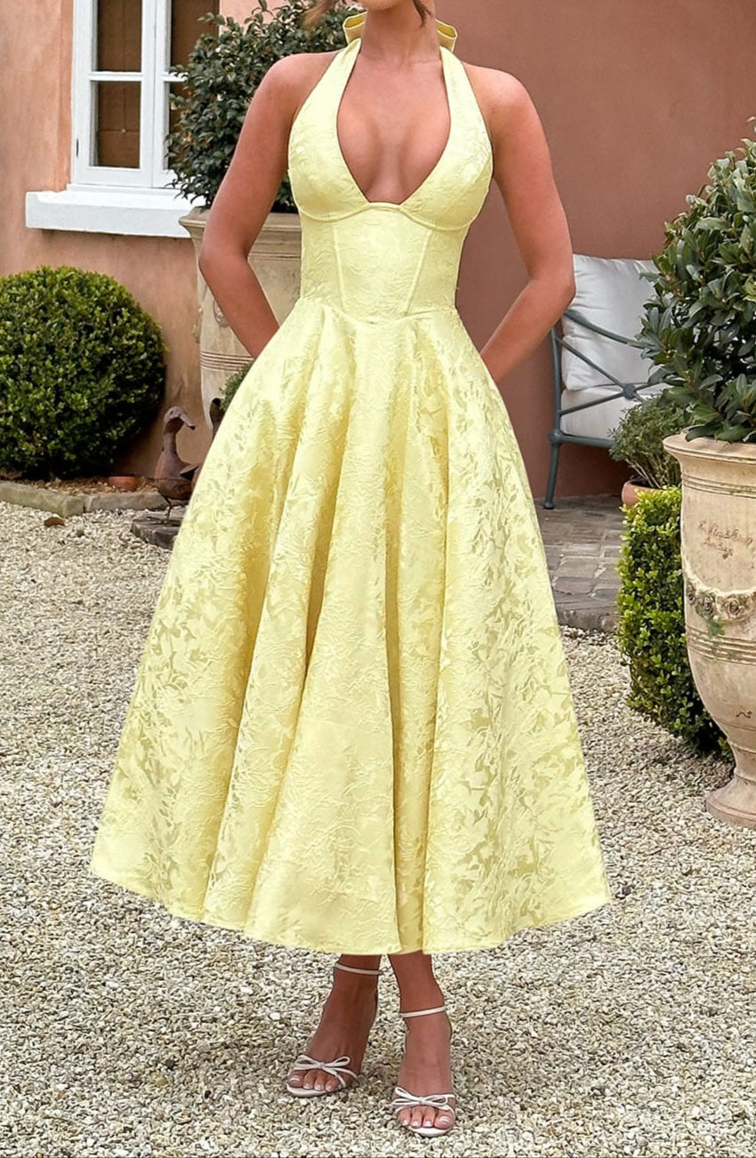 Yellow Triana Halter Midi Dress Floral Jacquard