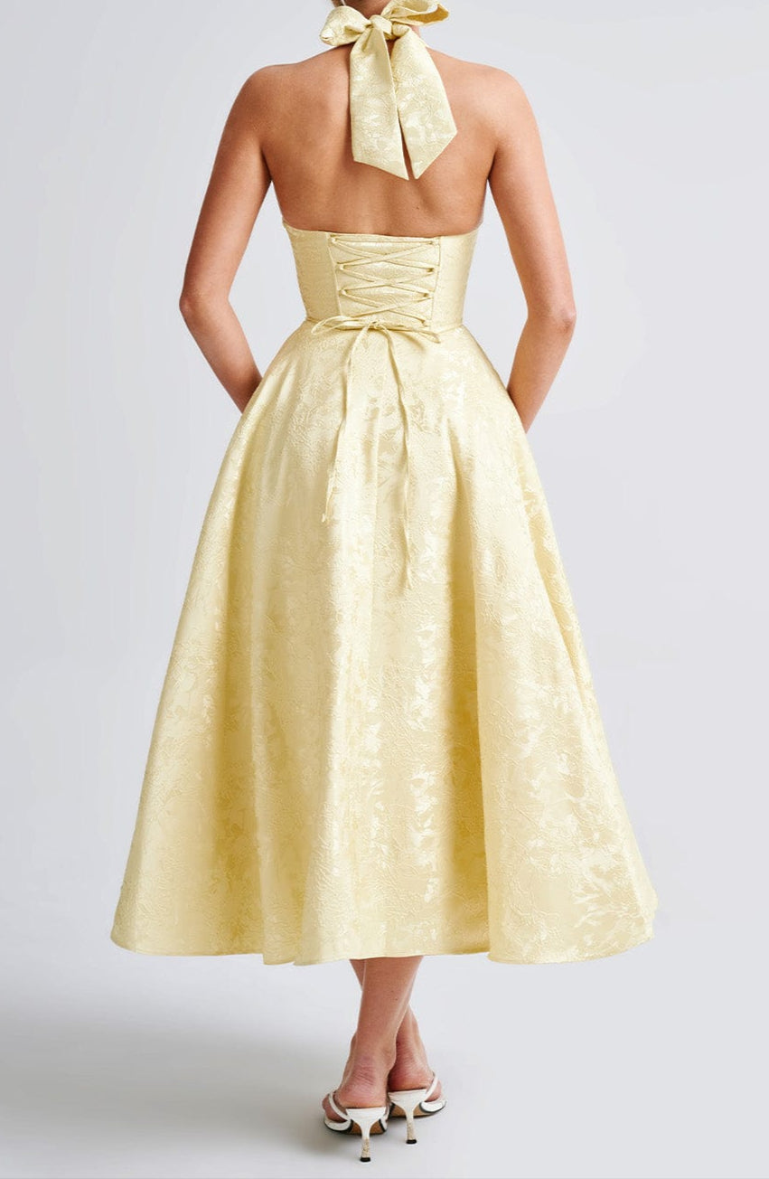Yellow Triana Halter Midi Dress Floral Jacquard