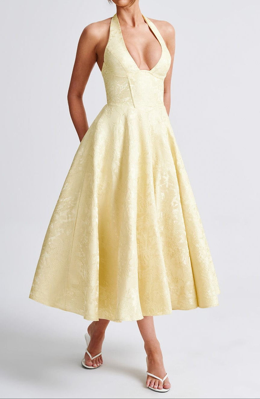 Yellow Triana Halter Midi Dress Floral Jacquard