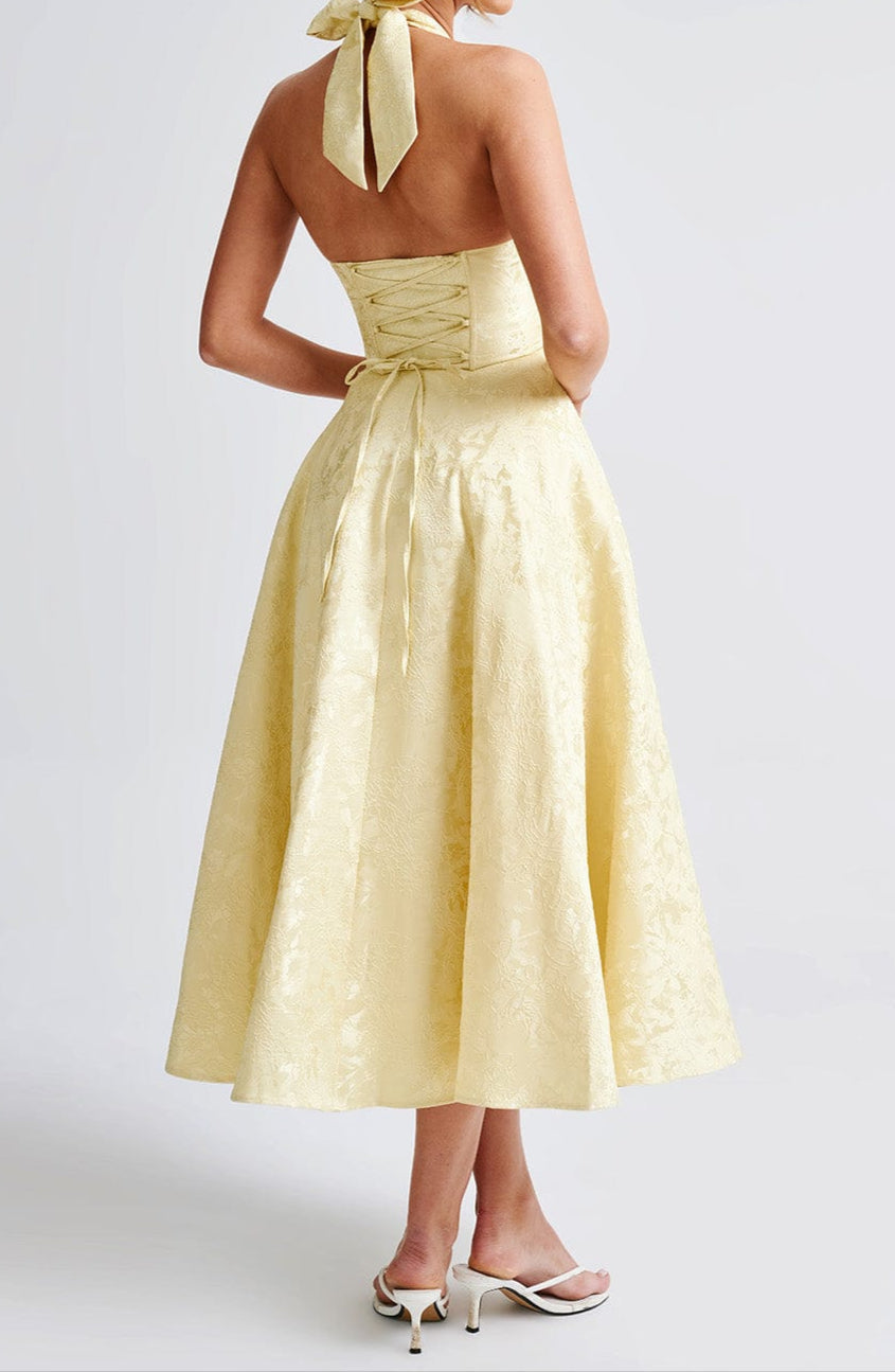Yellow Triana Halter Midi Dress Floral Jacquard