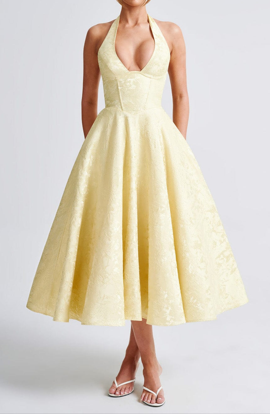 Yellow Triana Halter Midi Dress Floral Jacquard